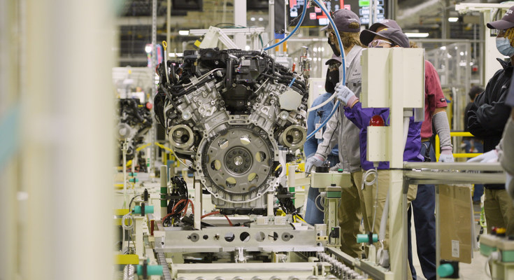 A twin-turbo V6 engine comes off the line at Toyota Alabama in Huntsville, Alabama.